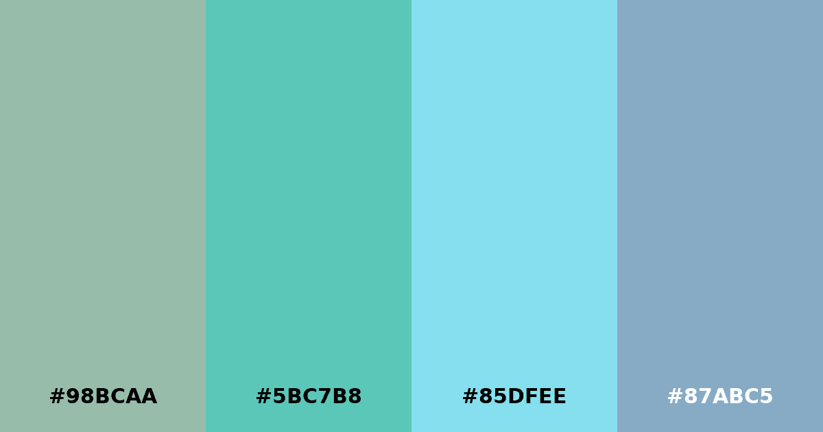 Color palette #98BCAA #5BC7B8 #85DFEE #87ABC5