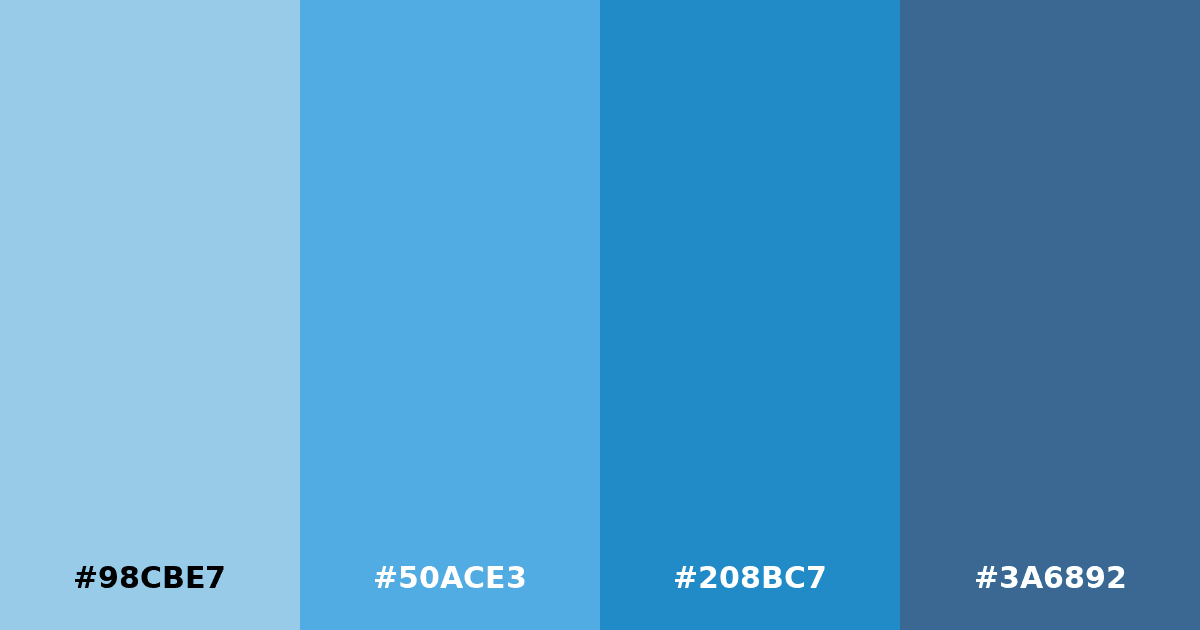 Color palette #98CBE7 #50ACE3 #208BC7 #3A6892