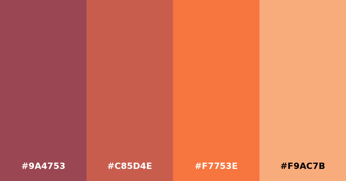 Color palette #9A4753 #C85D4E #F7753E #F9AC7B