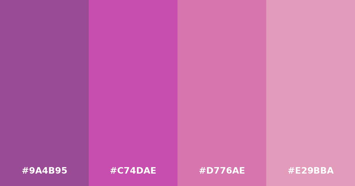 Color palette #9A4B95 #C74DAE #D776AE #E29BBA