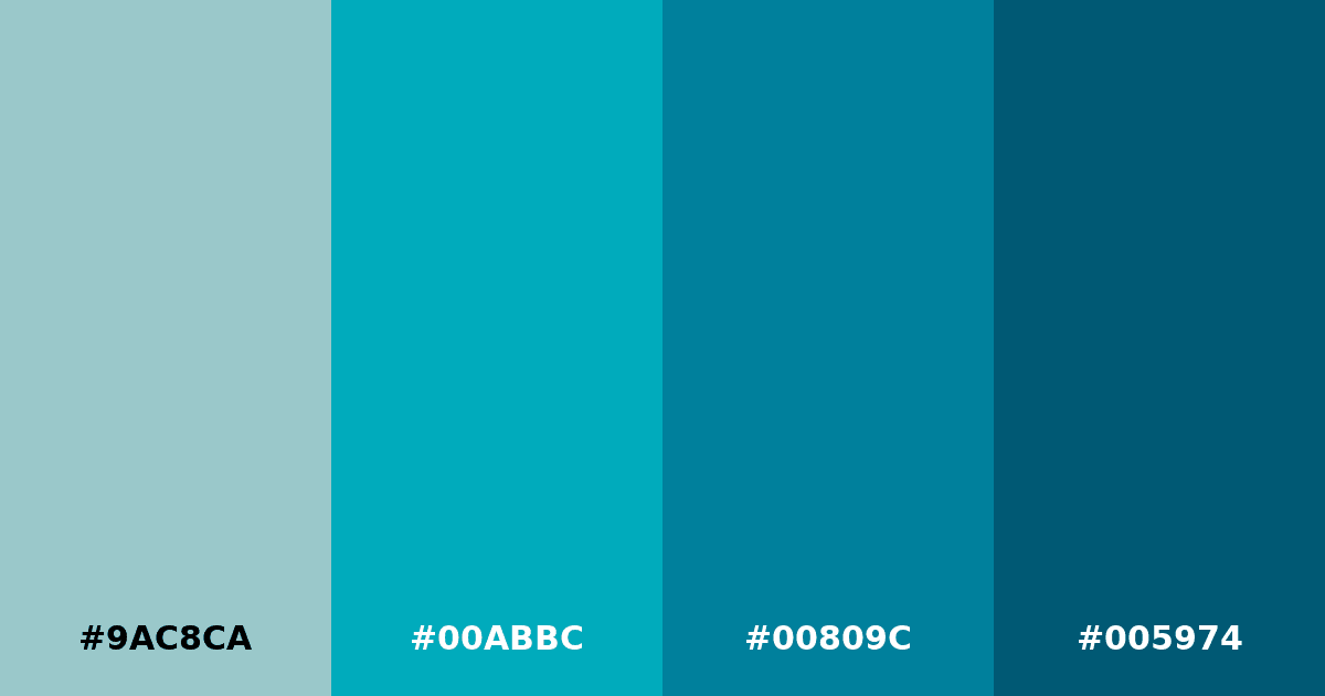 Color palette #9AC8CA #00ABBC #00809C #005974