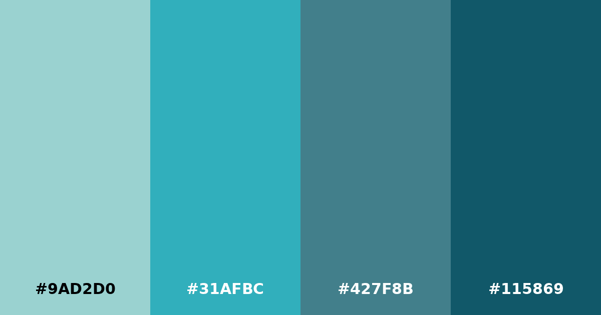 Color palette #9AD2D0 #31AFBC #427F8B #115869