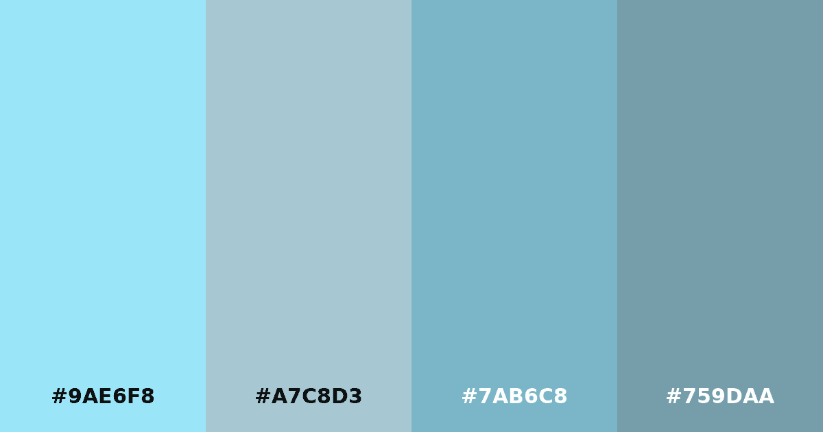 Color palette #9AE6F8 #A7C8D3 #7AB6C8 #759DAA