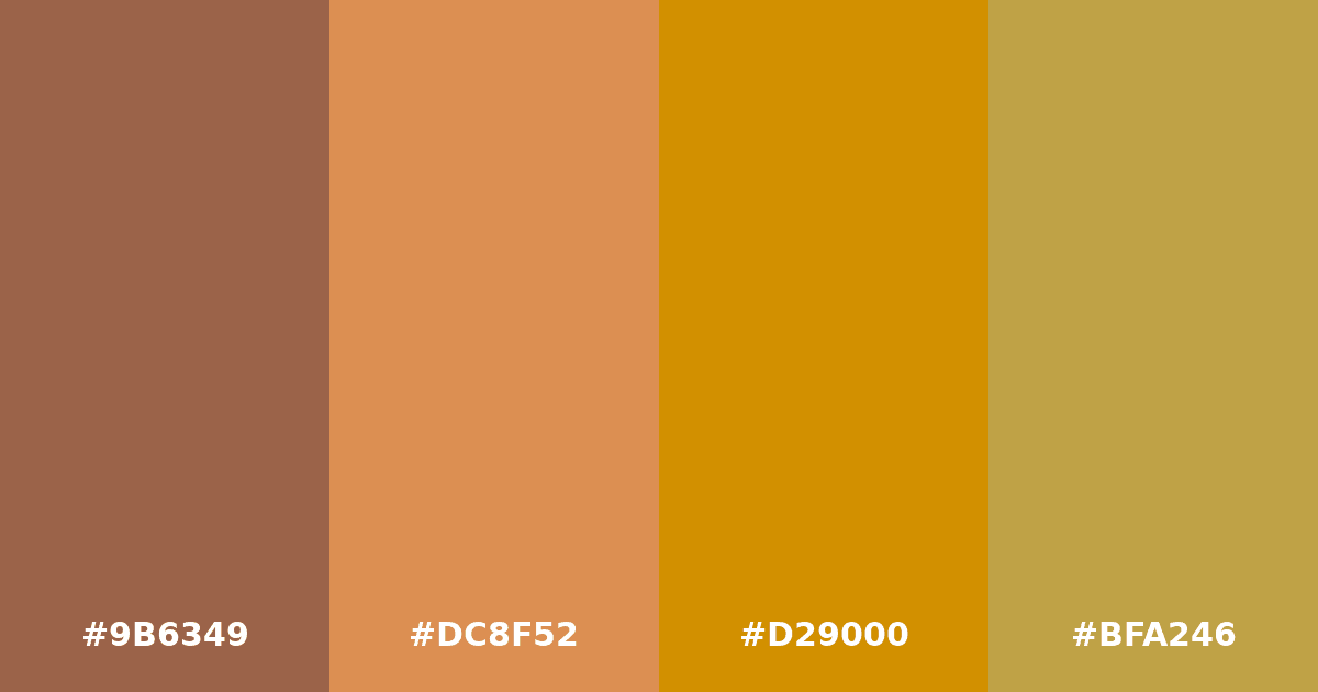 Color palette #9B6349 #DC8F52 #D29000 #BFA246