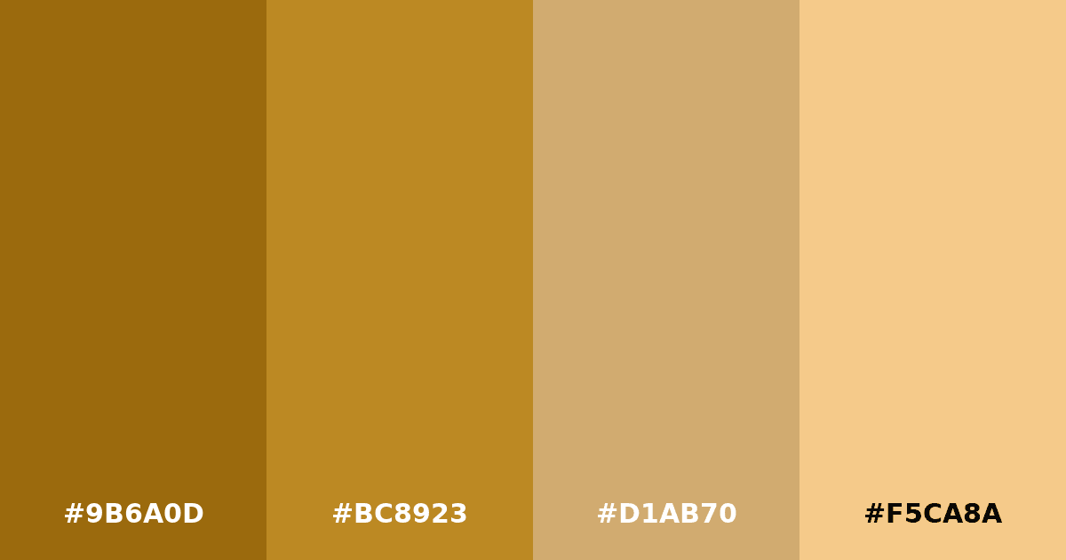 Color palette #9B6A0D #BC8923 #D1AB70 #F5CA8A