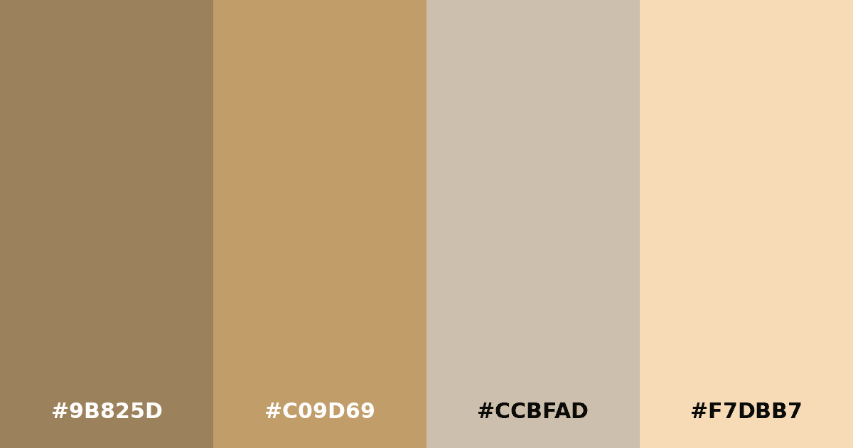 Color palette #9B825D #C09D69 #CCBFAD #F7DBB7