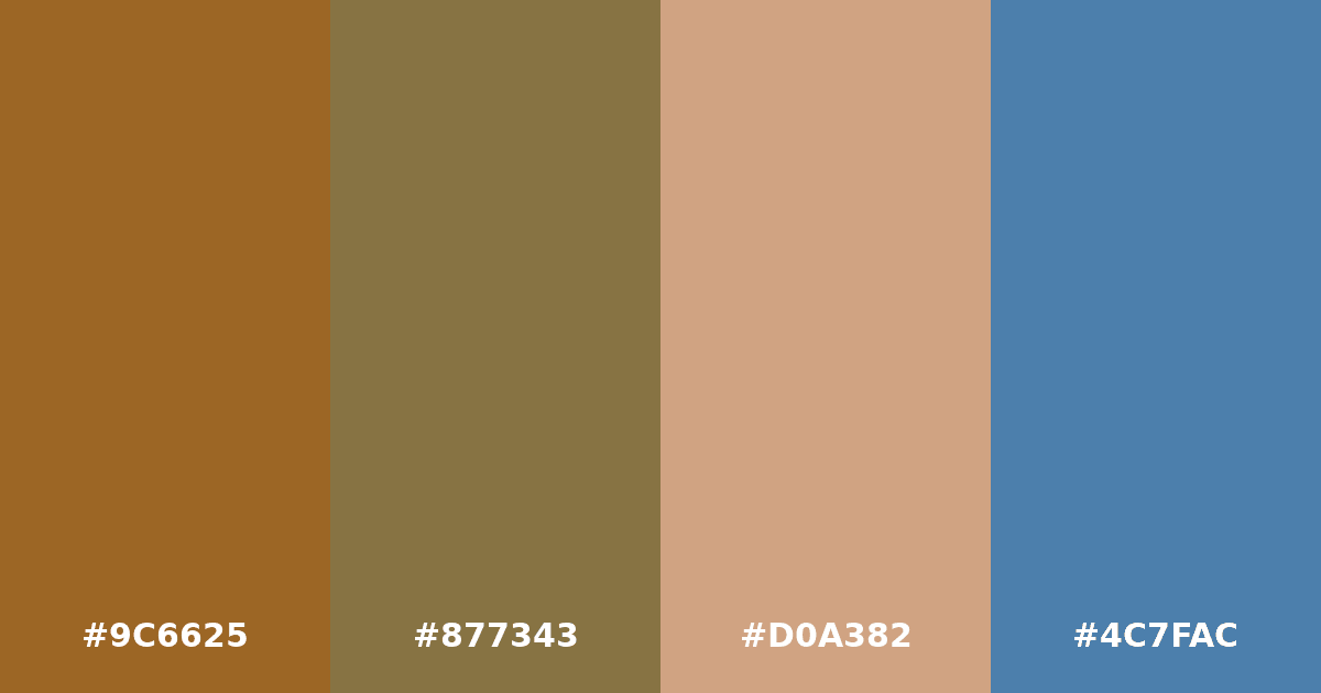 Color palette #9C6625 #877343 #D0A382 #4C7FAC