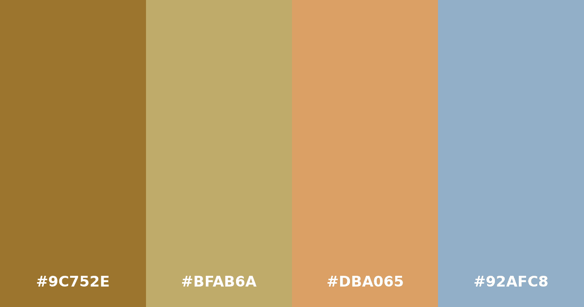 Color palette #9C752E #BFAB6A #DBA065 #92AFC8