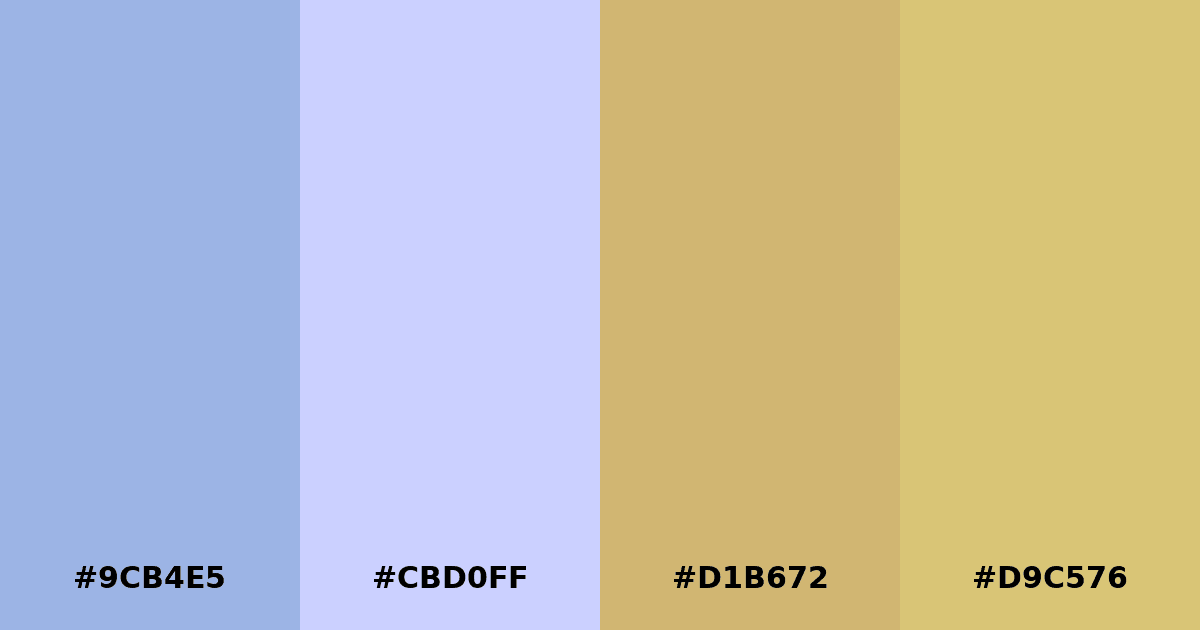 Color palette #9CB4E5 #CBD0FF #D1B672 #D9C576