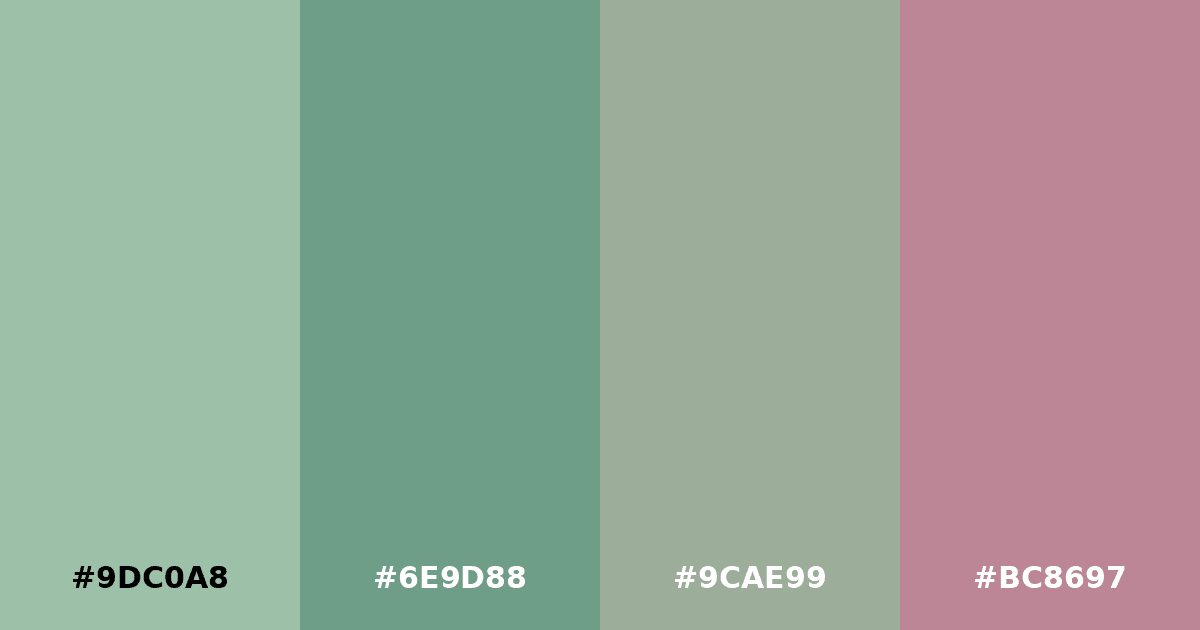 Color palette #9DC0A8 #6E9D88 #9CAE99 #BC8697