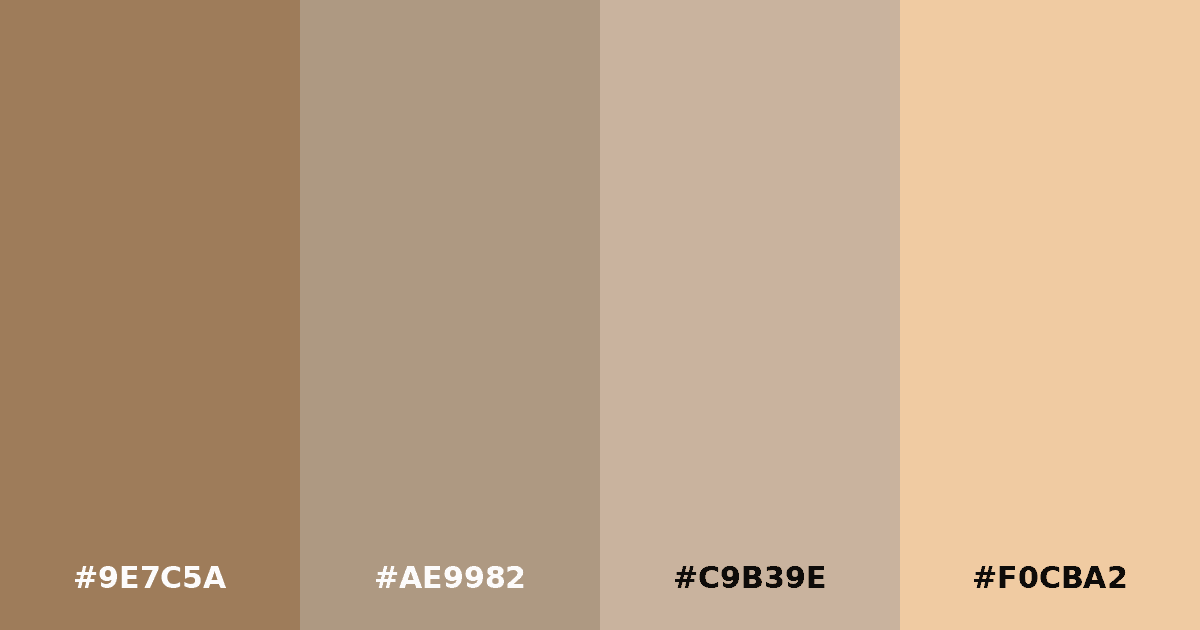 Color palette #9E7C5A #AE9982 #C9B39E #F0CBA2