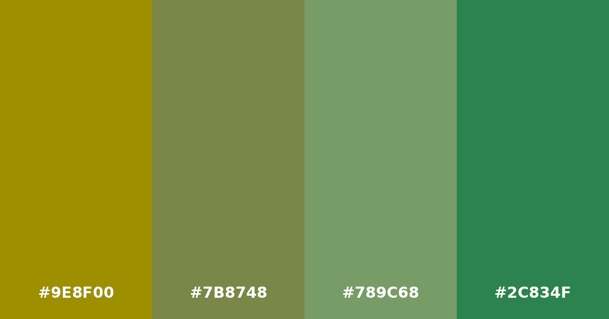 Color palette #9E8F00 #7B8748 #789C68 #2C834F