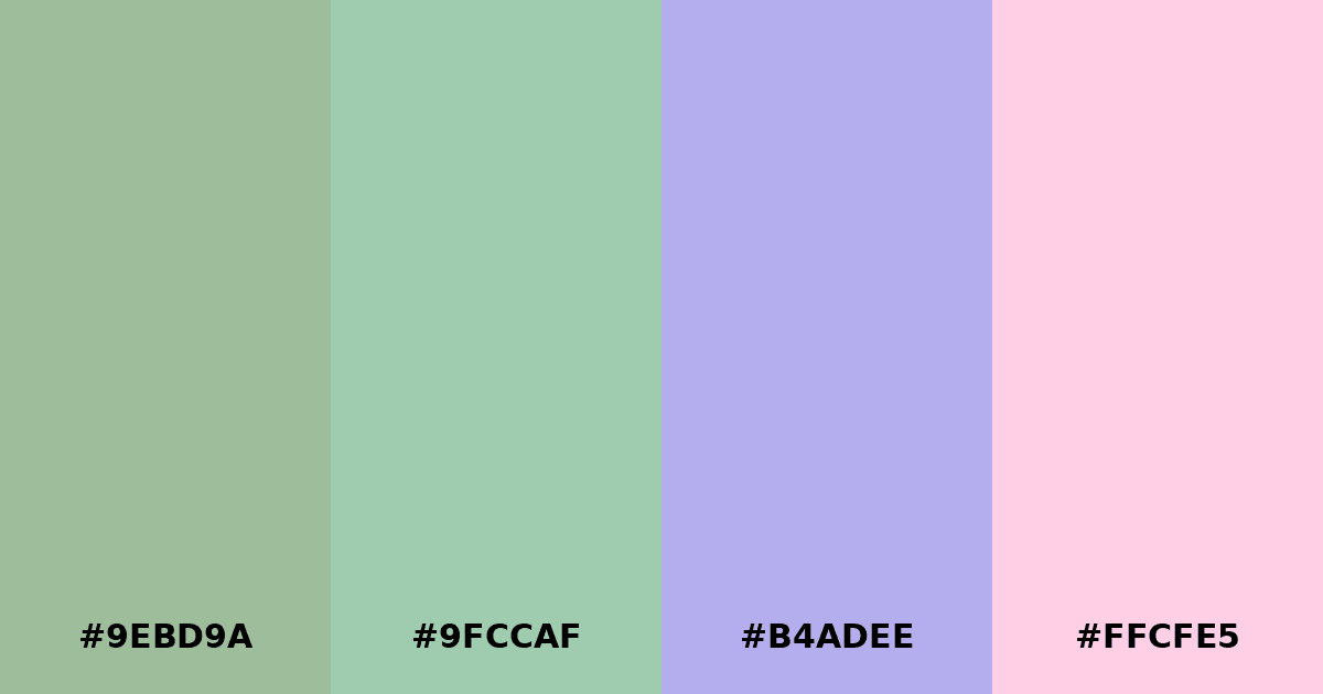 Color palette #9EBD9A #9FCCAF #B4ADEE #FFCFE5