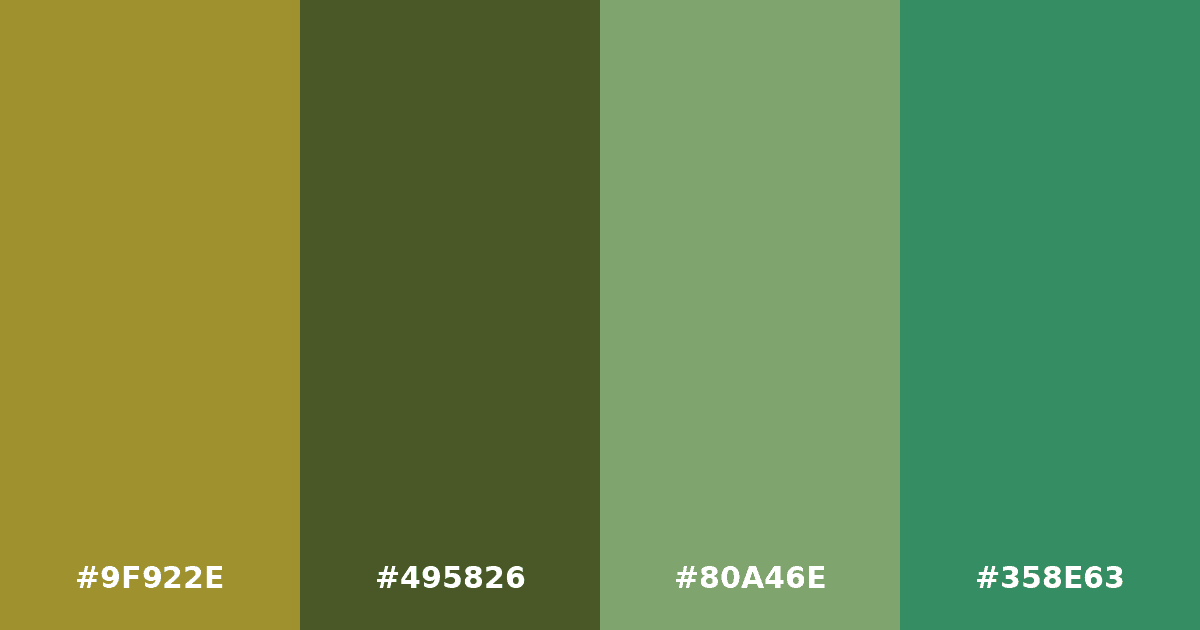 Color palette #9F922E #495826 #80A46E #358E63