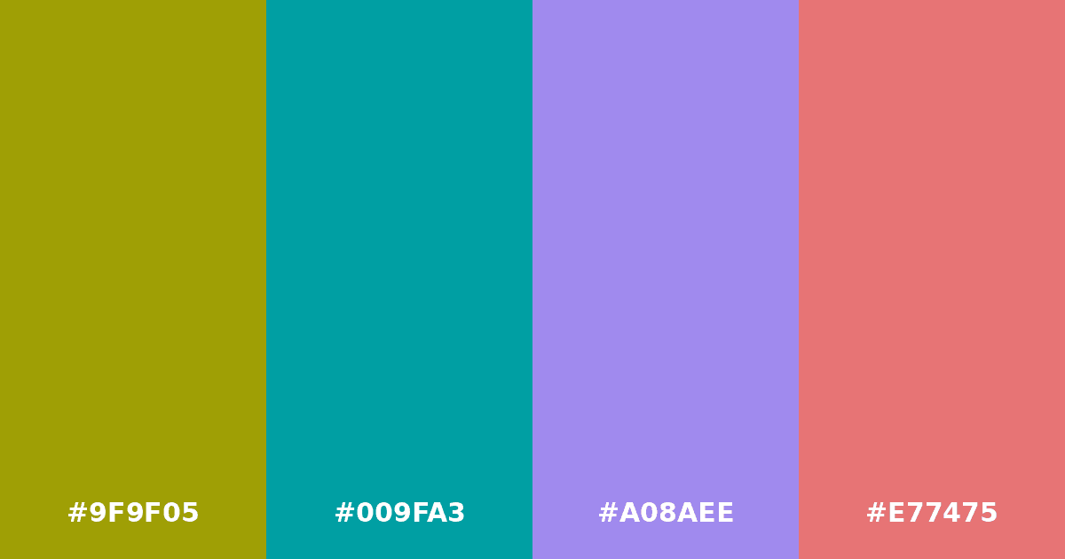 Color palette #9F9F05 #009FA3 #A08AEE #E77475