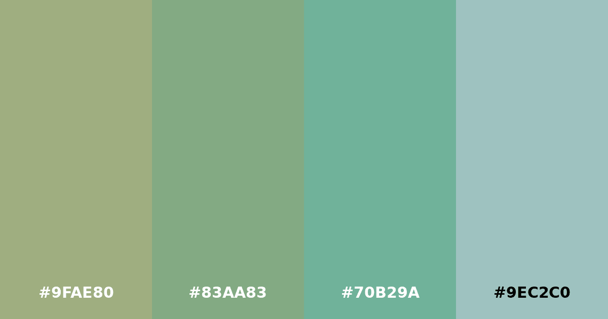 Color palette #9FAE80 #83AA83 #70B29A #9EC2C0