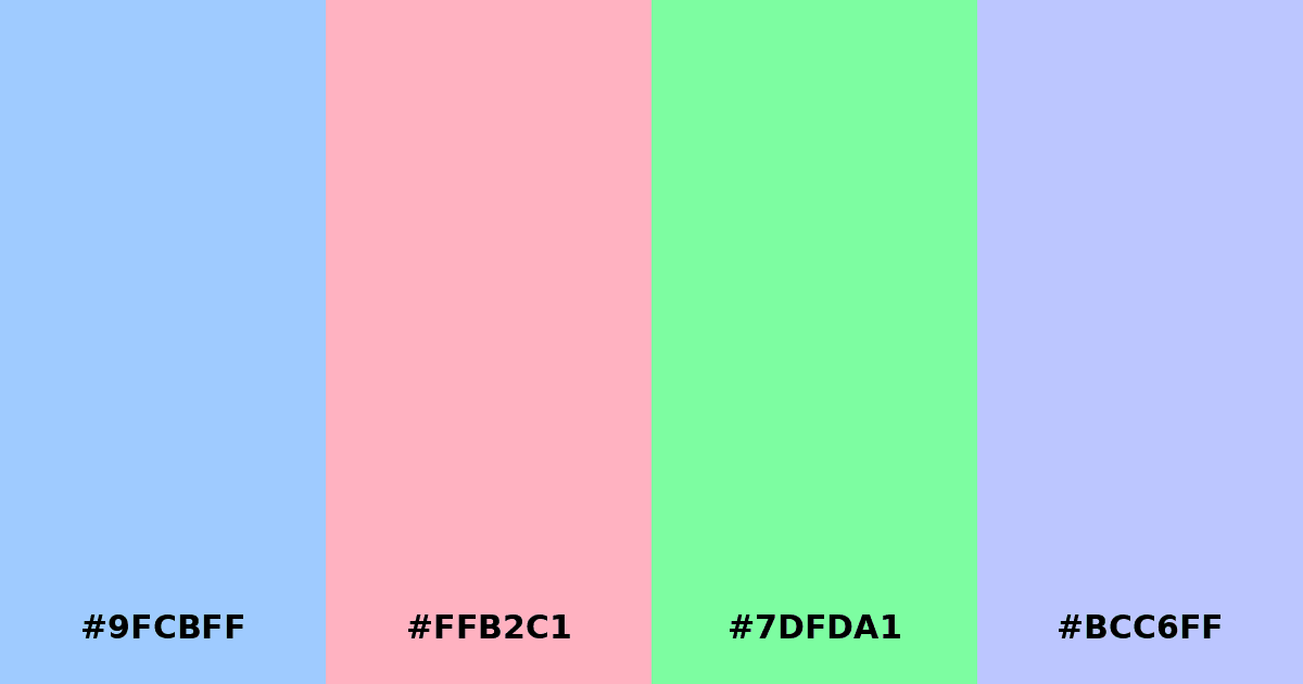 Color palette #9FCBFF #FFB2C1 #7DFDA1 #BCC6FF