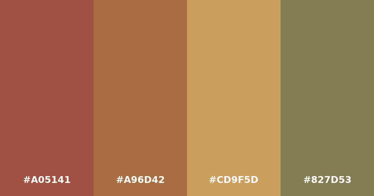 Color palette #A05141 #A96D42 #CD9F5D #827D53