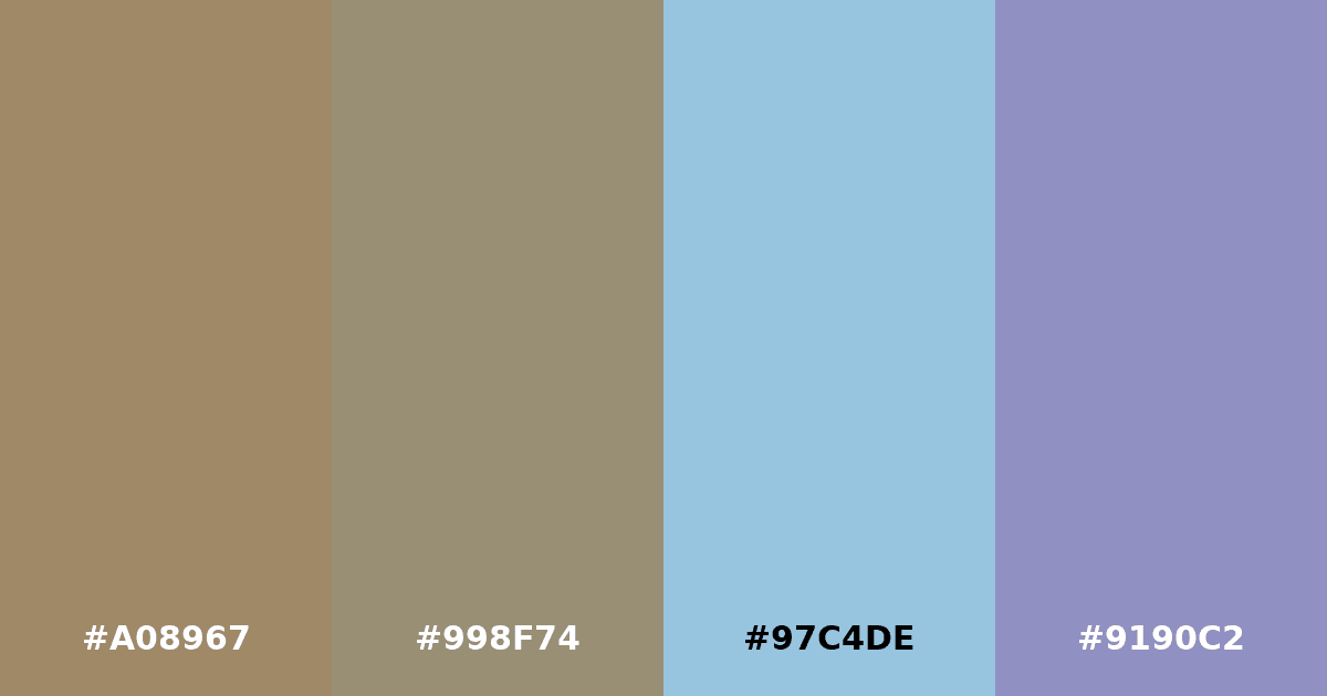 Color palette #A08967 #998F74 #97C4DE #9190C2