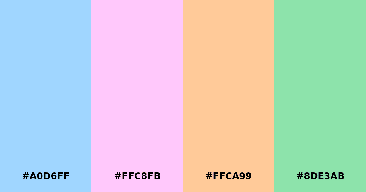 Color palette #A0D6FF #FFC8FB #FFCA99 #8DE3AB