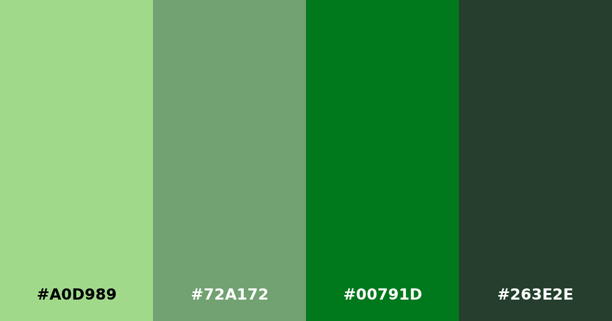 Color palette #A0D989 #72A172 #00791D #263E2E
