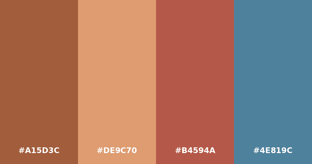 Color palette #A15D3C #DE9C70 #B4594A #4E819C