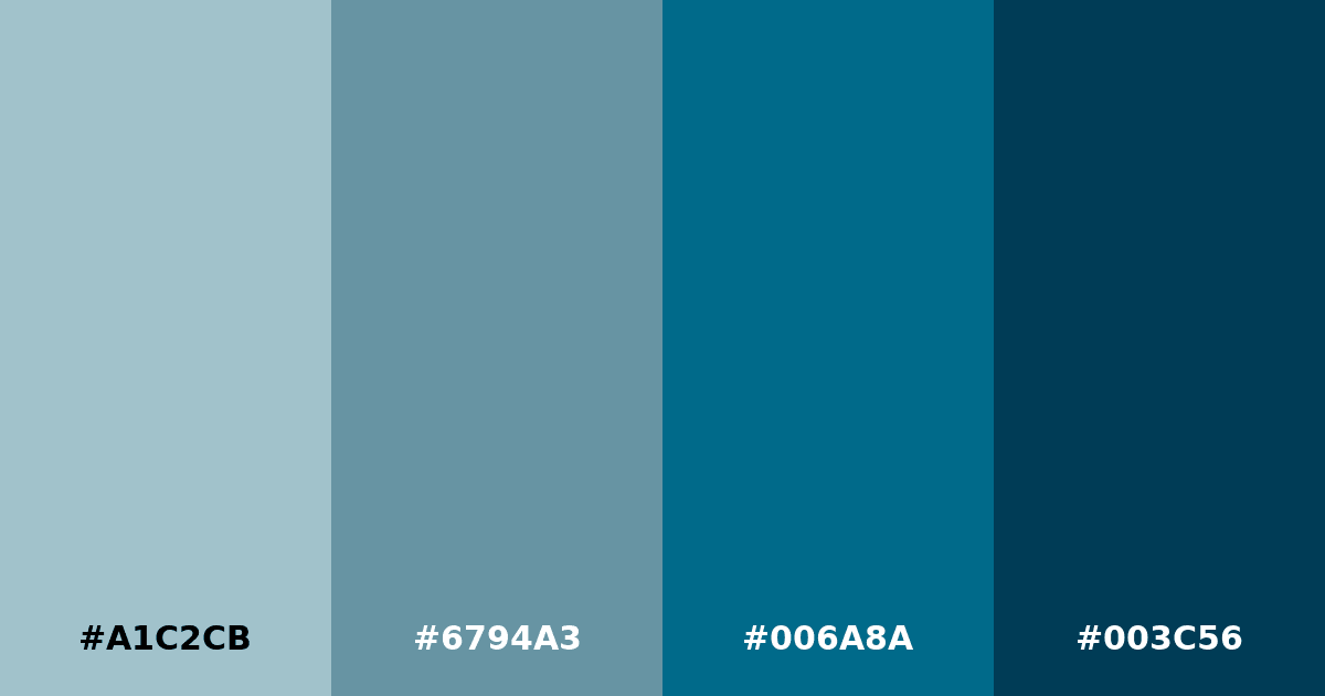 Color palette #A1C2CB #6794A3 #006A8A #003C56