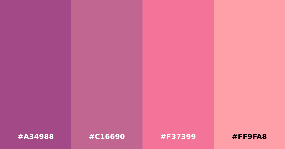 Color palette #A34988 #C16690 #F37399 #FF9FA8