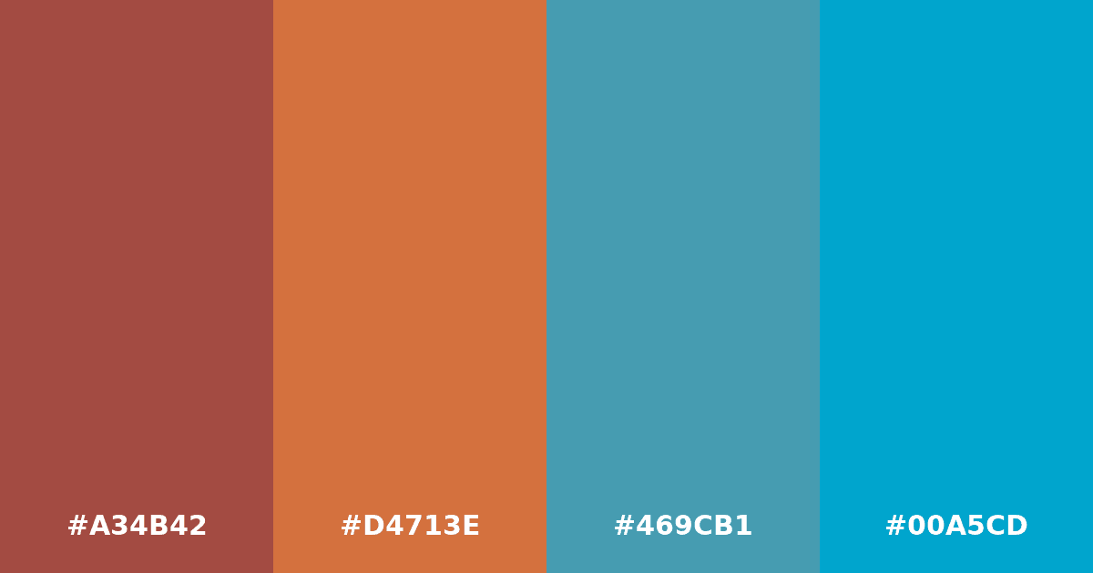 Color palette #A34B42 #D4713E #469CB1 #00A5CD