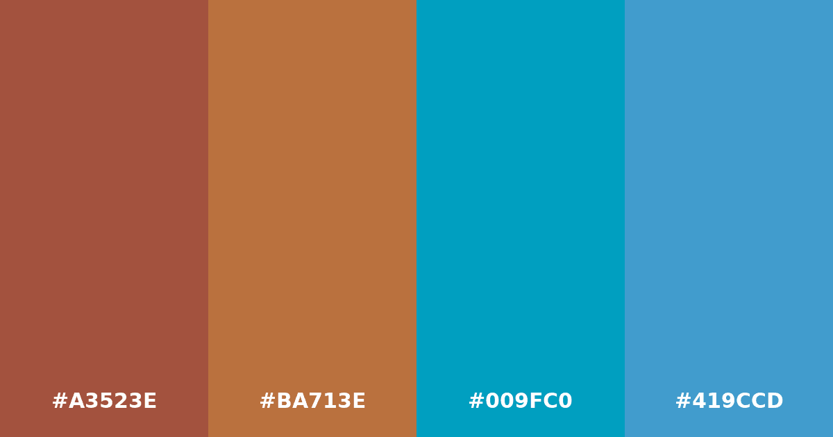 Color palette #A3523E #BA713E #009FC0 #419CCD