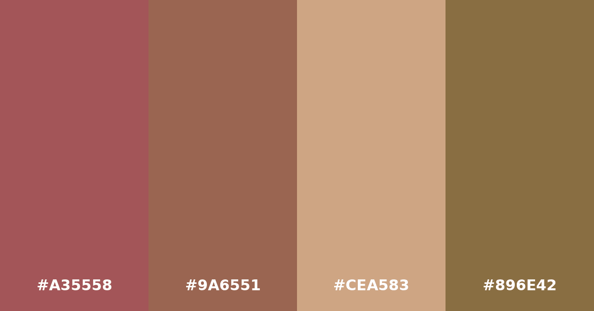 Color palette #A35558 #9A6551 #CEA583 #896E42