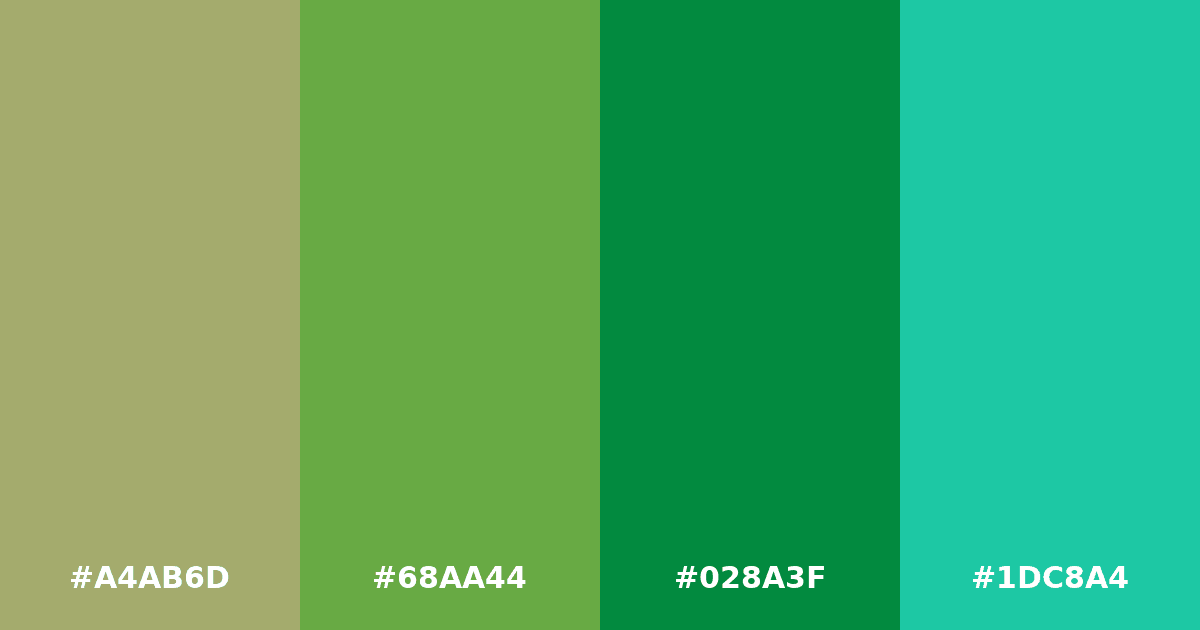 Color palette #A4AB6D #68AA44 #028A3F #1DC8A4