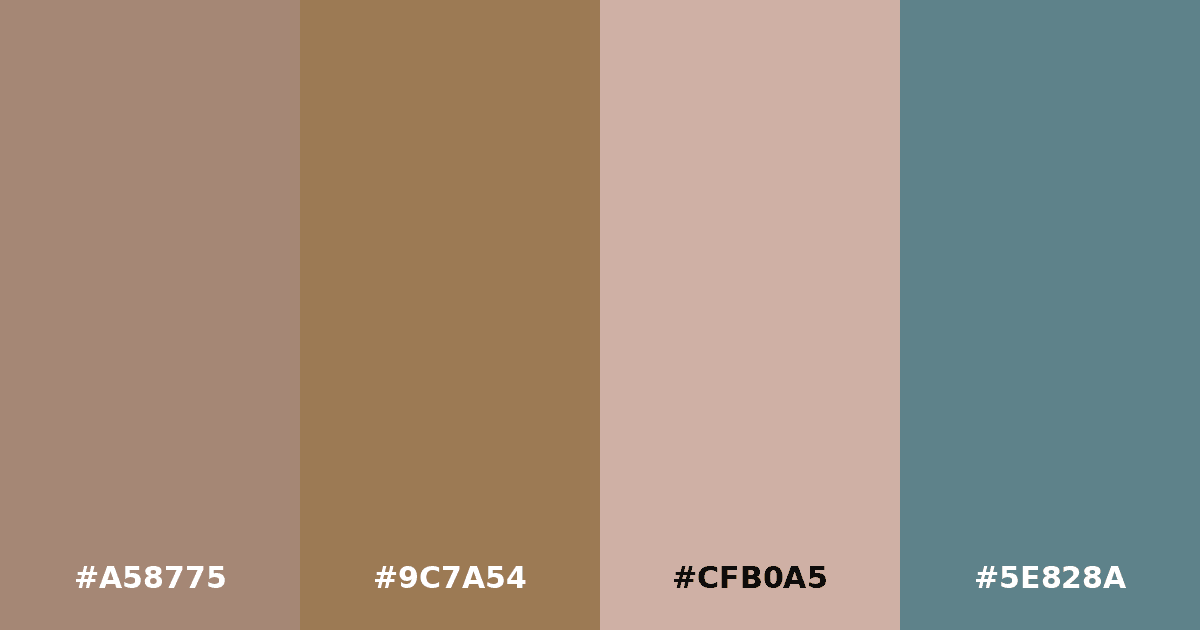 Color palette #A58775 #9C7A54 #CFB0A5 #5E828A