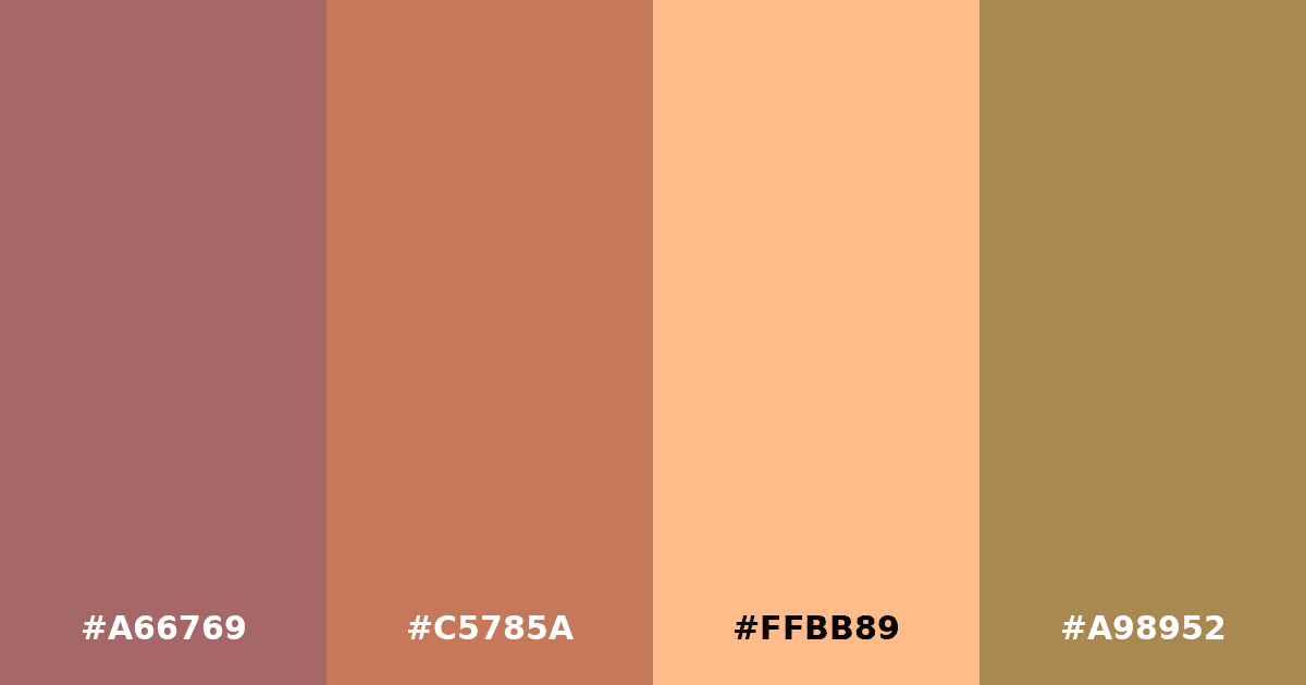 Color palette #A66769 #C5785A #FFBB89 #A98952