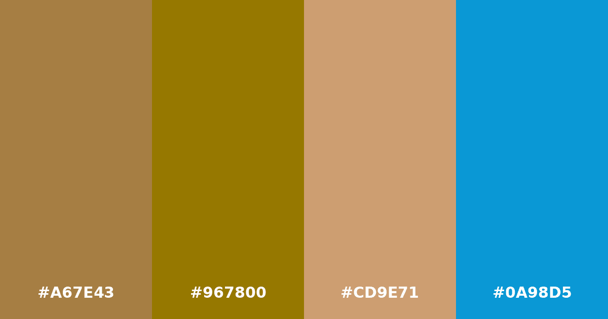 Color palette #A67E43 #967800 #CD9E71 #0A98D5
