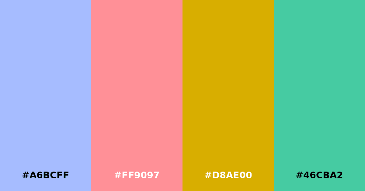 Color palette #A6BCFF #FF9097 #D8AE00 #46CBA2