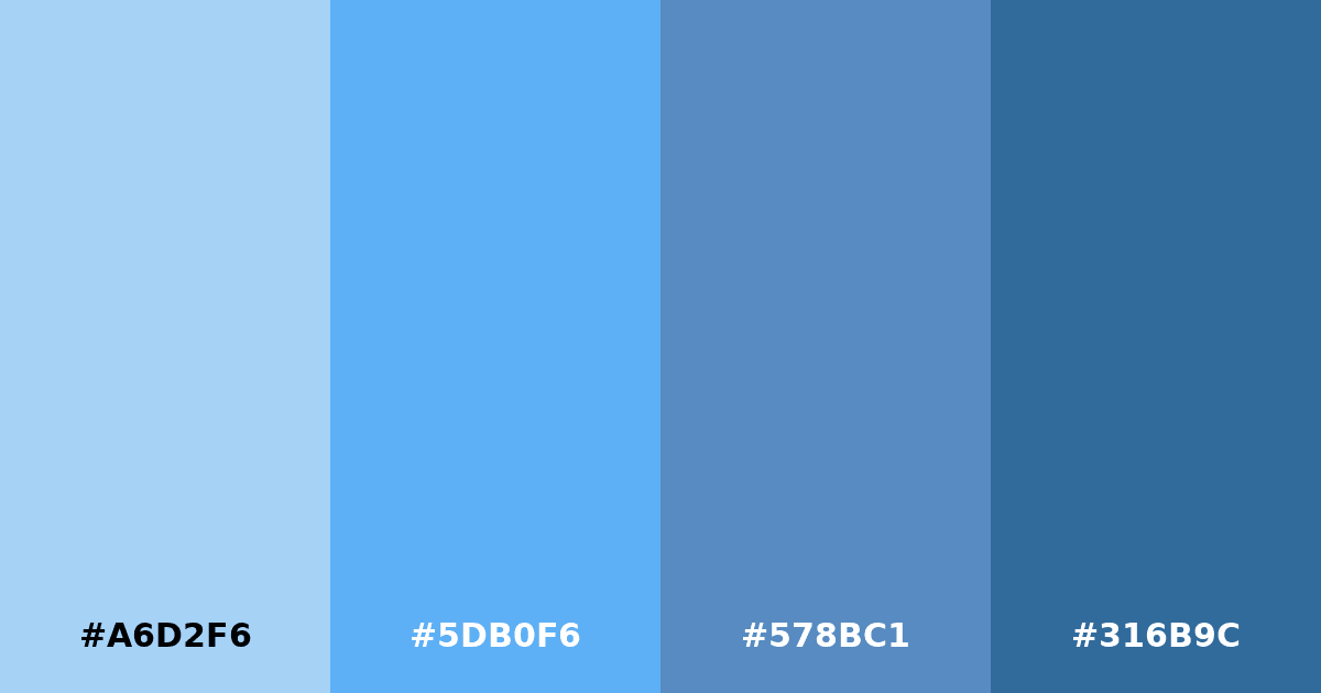 Color palette #A6D2F6 #5DB0F6 #578BC1 #316B9C