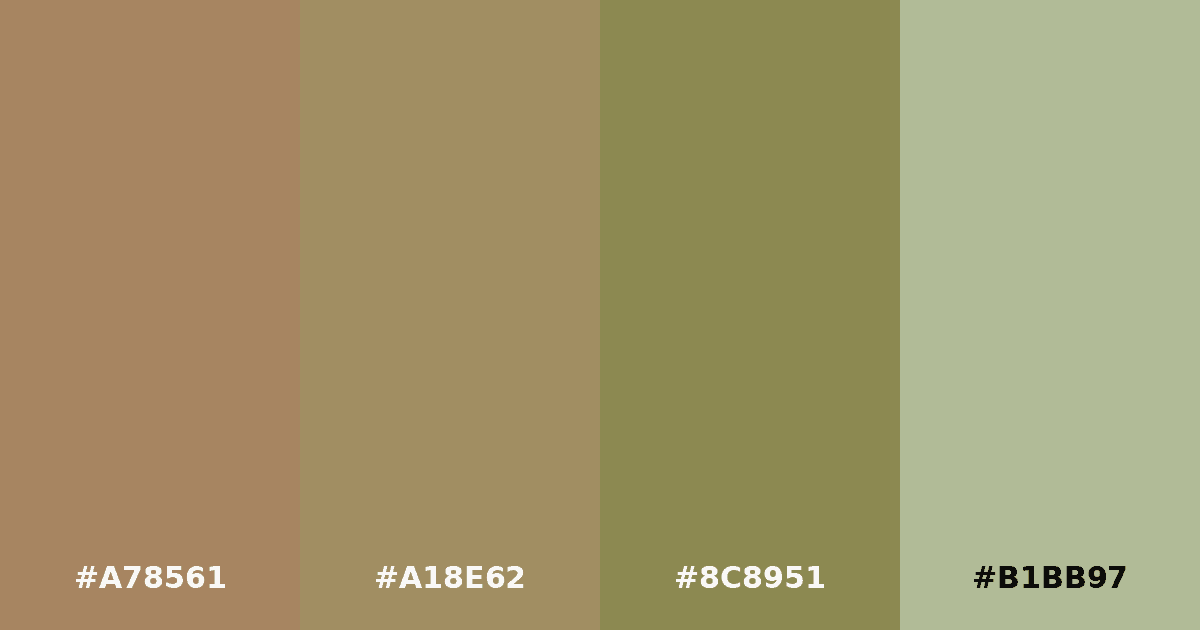 Color palette #A78561 #A18E62 #8C8951 #B1BB97