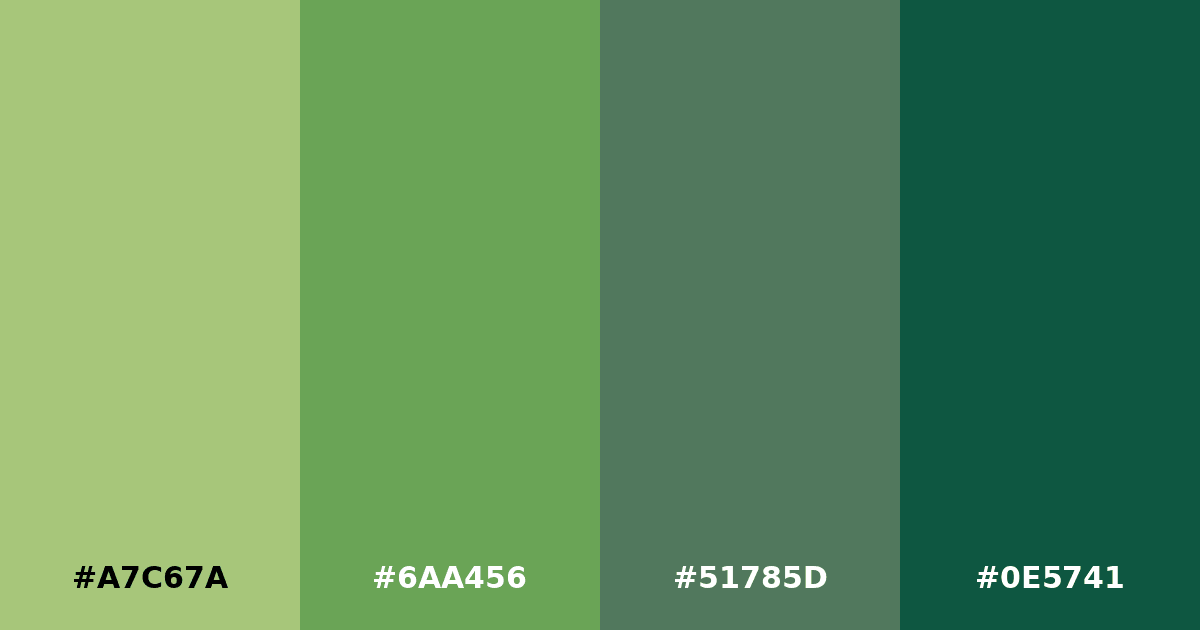 Color palette #A7C67A #6AA456 #51785D #0E5741