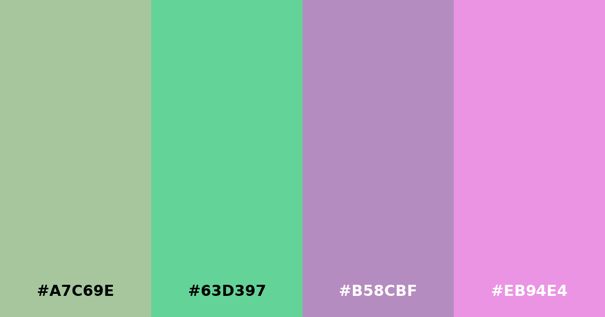 Color palette #A7C69E #63D397 #B58CBF #EB94E4