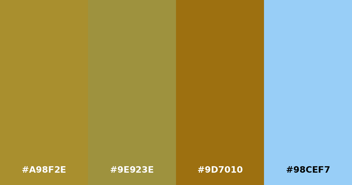 Color palette #A98F2E #9E923E #9D7010 #98CEF7