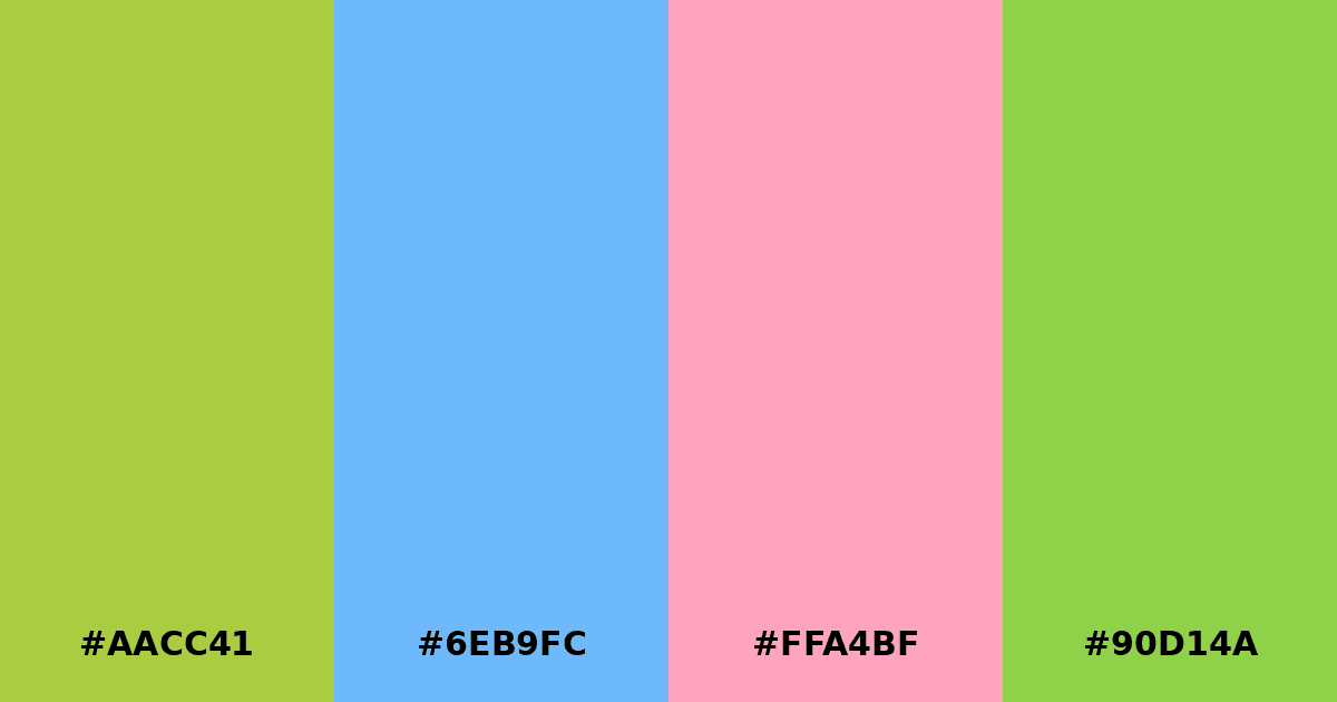 Color palette #AACC41 #6EB9FC #FFA4BF #90D14A