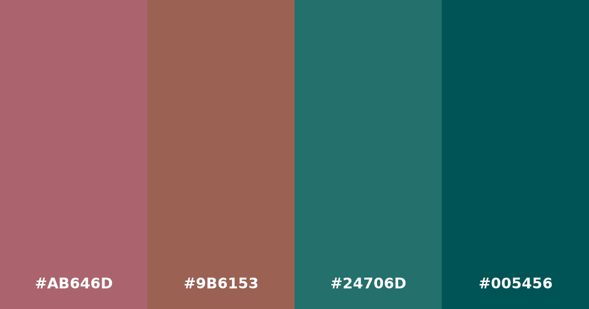 Color palette #AB646D #9B6153 #24706D #005456