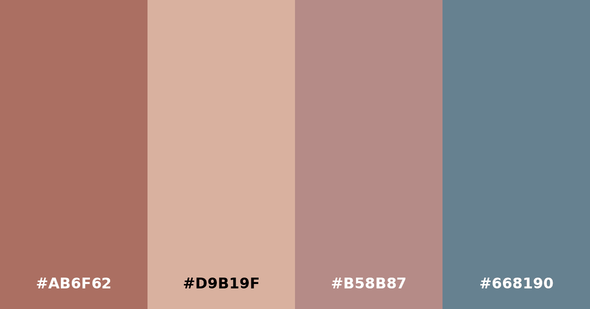 Color palette #AB6F62 #D9B19F #B58B87 #668190