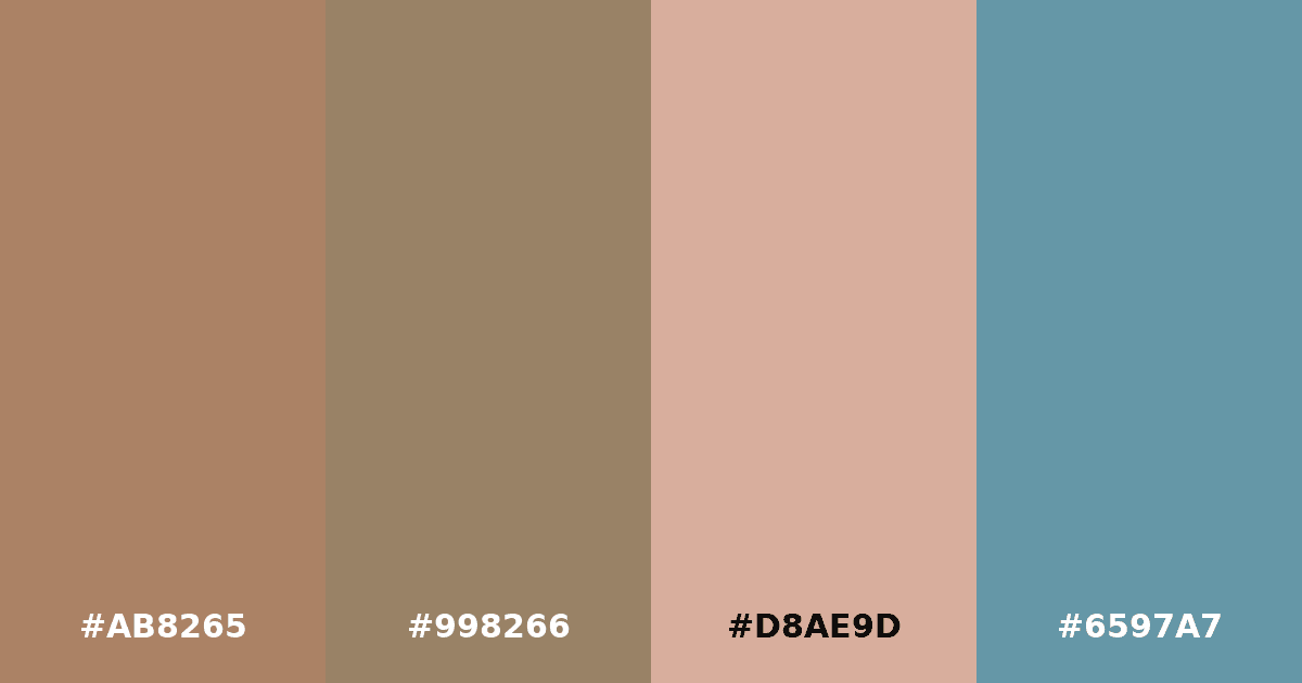 Color palette #AB8265 #998266 #D8AE9D #6597A7