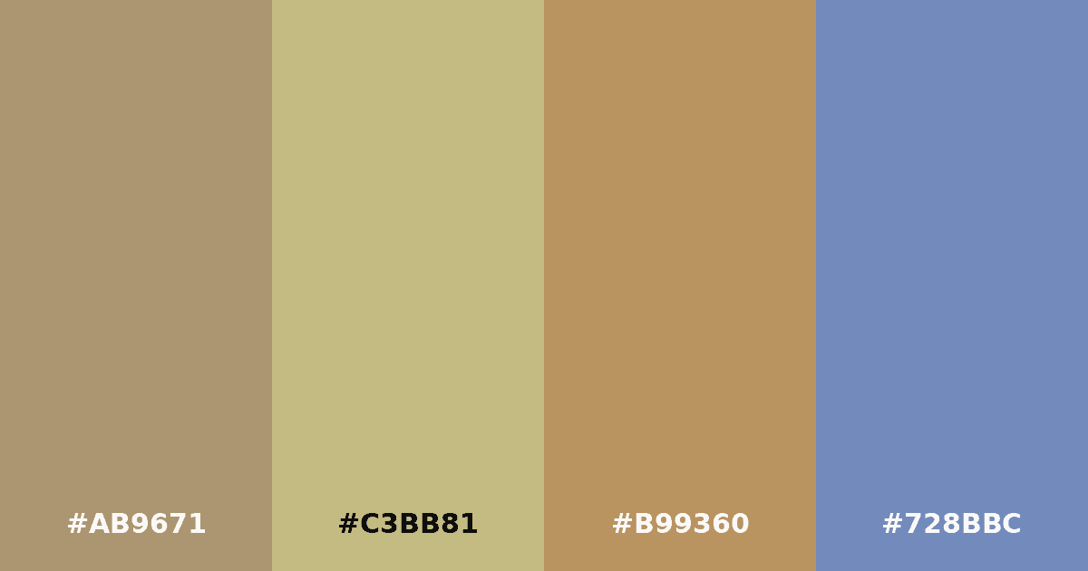 Color palette #AB9671 #C3BB81 #B99360 #728BBC