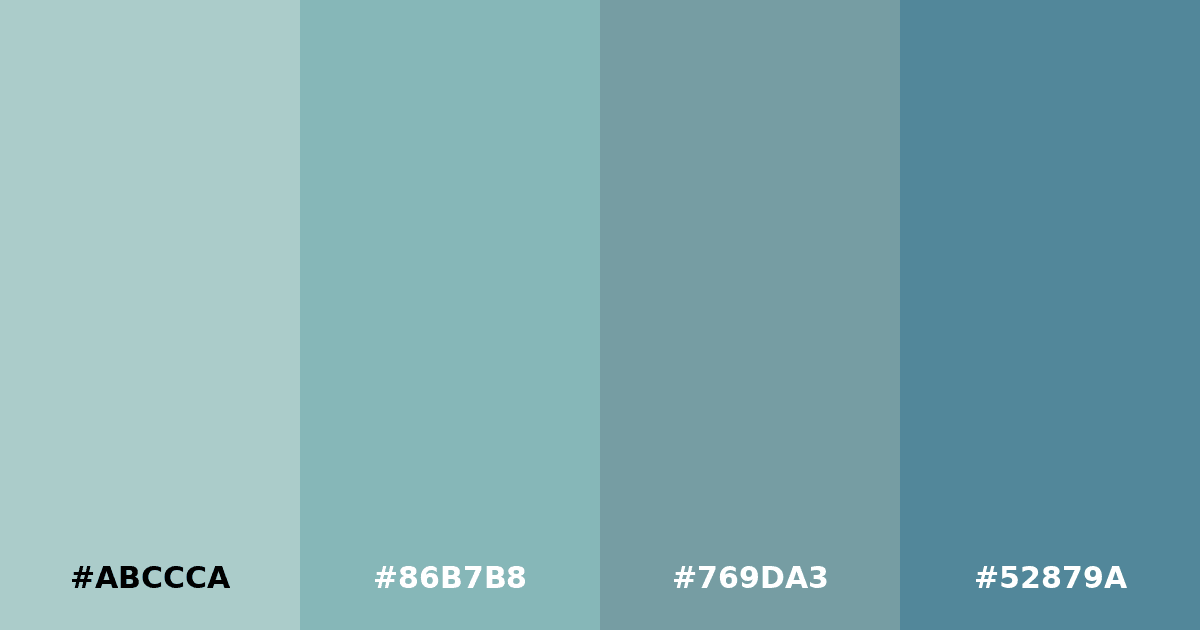 Color palette #ABCCCA #86B7B8 #769DA3 #52879A