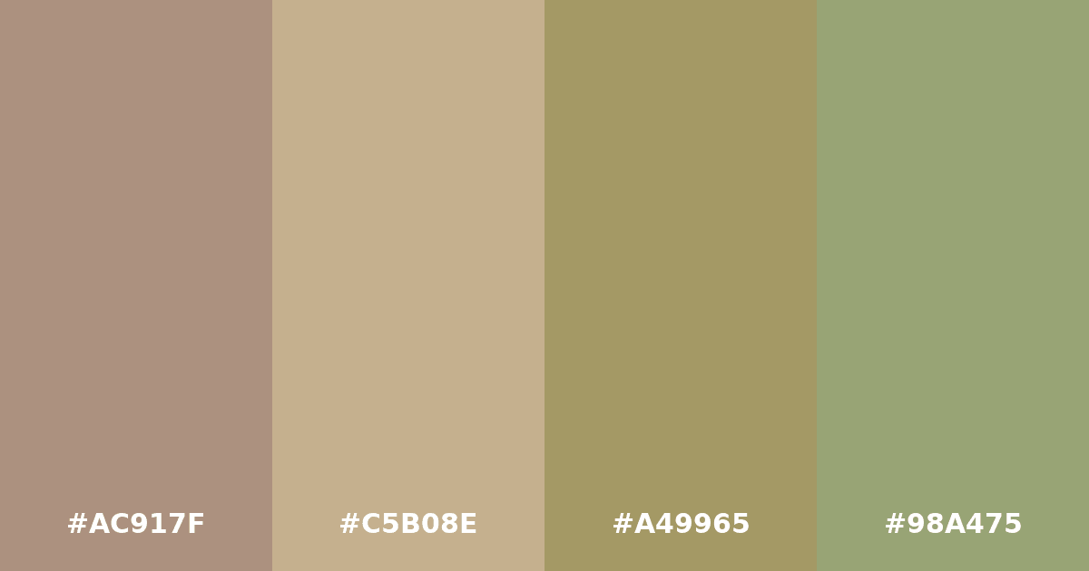 Color palette #AC917F #C5B08E #A49965 #98A475