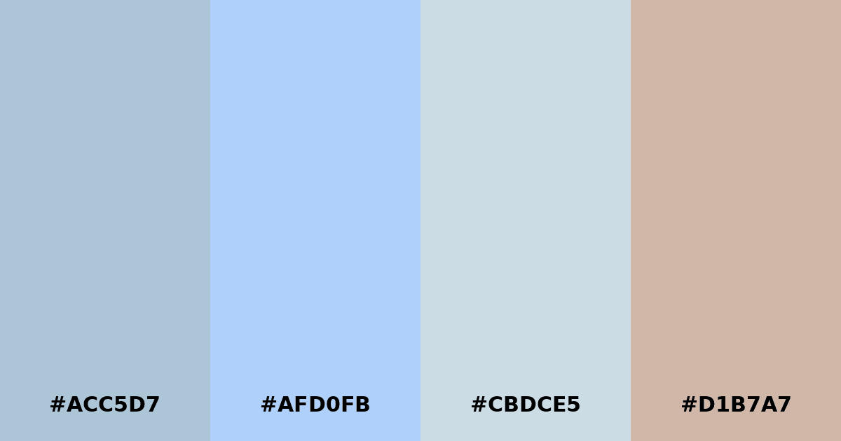 Color palette #ACC5D7 #AFD0FB #CBDCE5 #D1B7A7