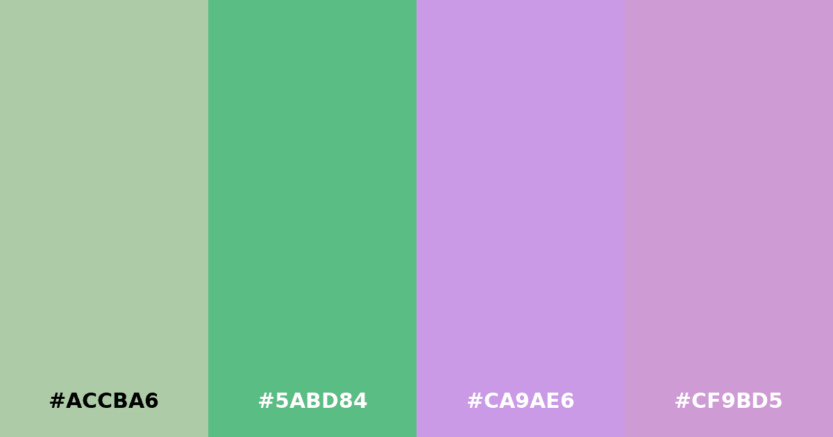 Color palette #ACCBA6 #5ABD84 #CA9AE6 #CF9BD5